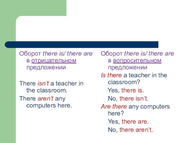 Оборот there is/ there are в отрицательном предложении There isn’t a teacher