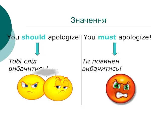 Значення You should apologize! You must apologize! Ти повинен вибачитись! Тобі слід вибачитись!