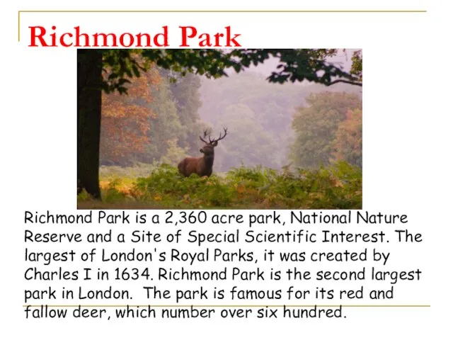 Richmond Park Richmond Park is a 2,360 acre park, National Nature Reserve