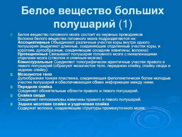 Белое вещество больших полушарий (1) Белое вещество головного мозга состоит из нервных