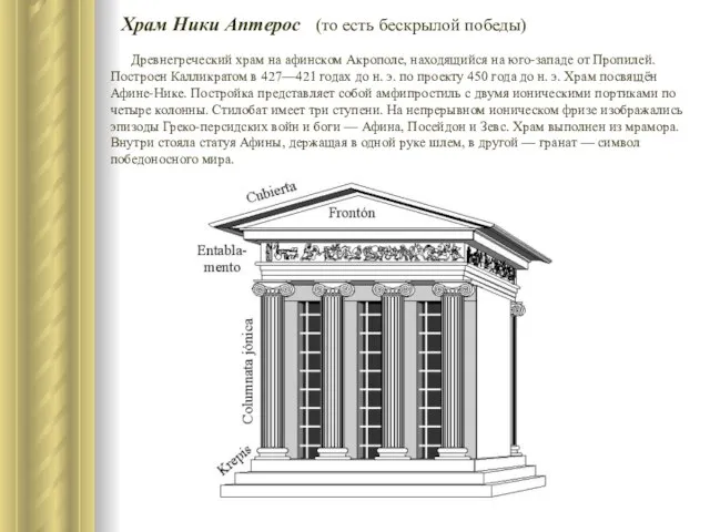 Храм Ники Аптерос (то есть бескрылой победы) Древнегреческий храм на афинском Акрополе,