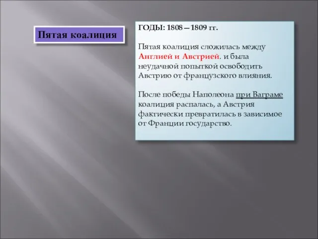 ГОДЫ: 1808—1809 гг. Пятая коалиция сложилась между Англией и Австрией. и была