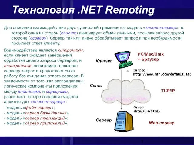 Технология .NET Remoting Для описания взаимодействия двух сущностей применяется модель «клиент-сервер», в