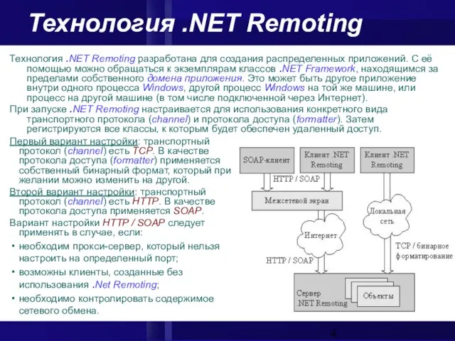 Технология .NET Remoting Технология .NET Remoting разработана для создания распределенных приложений. С