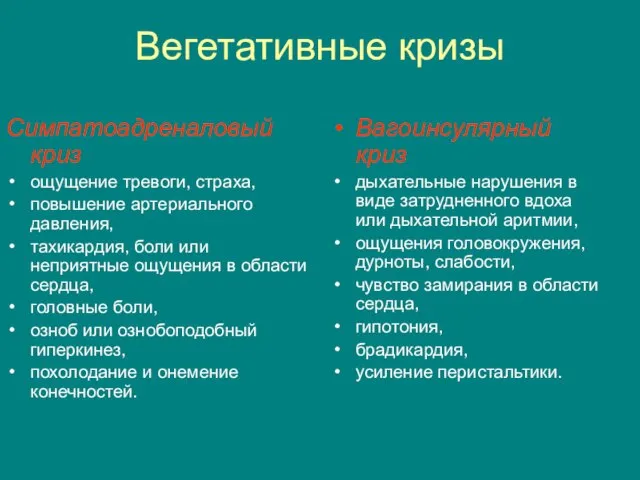 Вегетативные кризы Симпатоадреналовый криз ощущение тревоги, страха, повышение артериального давления, тахикардия, боли