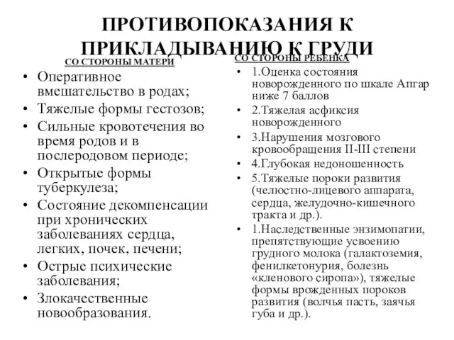 ПРОТИВОПОКАЗАНИЯ К ПРИКЛАДЫВАНИЮ К ГРУДИ СО СТОРОНЫ МАТЕРИ Оперативное вмешательство в родах;