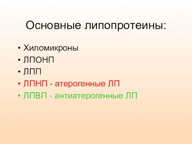 Основные липопротеины: Хиломикроны ЛПОНП ЛПП ЛПНП - атерогенные ЛП ЛПВП - антиатерогенные ЛП