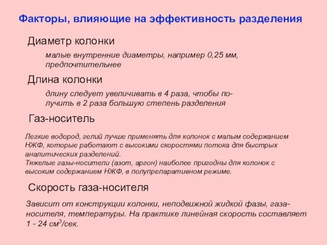 Факторы, влияющие на эффективность разделения Диаметр колонки малые внутренние диаметры, например 0,25