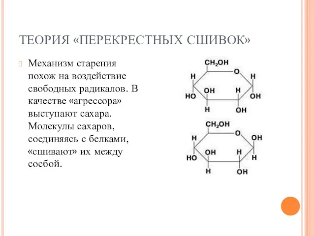 ТЕОРИЯ «ПЕРЕКРЕСТНЫХ СШИВОК» Механизм старения похож на воздействие свободных радикалов. В качестве