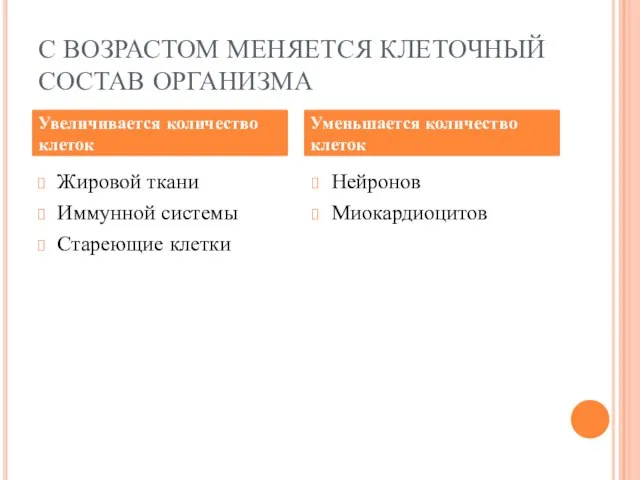 С ВОЗРАСТОМ МЕНЯЕТСЯ КЛЕТОЧНЫЙ СОСТАВ ОРГАНИЗМА Жировой ткани Иммунной системы Стареющие клетки