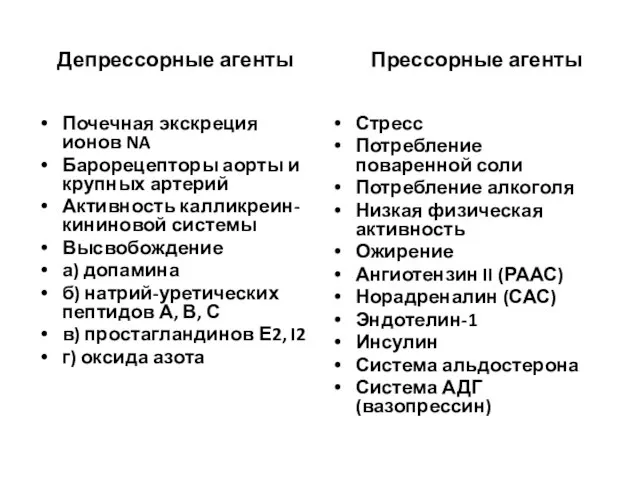 Депрессорные агенты Прессорные агенты Почечная экскреция ионов NA Барорецепторы аорты и крупных