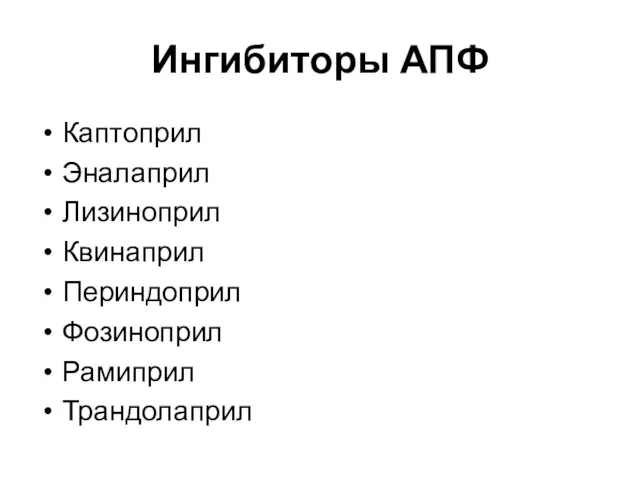 Ингибиторы АПФ Каптоприл Эналаприл Лизиноприл Квинаприл Периндоприл Фозиноприл Рамиприл Трандолаприл