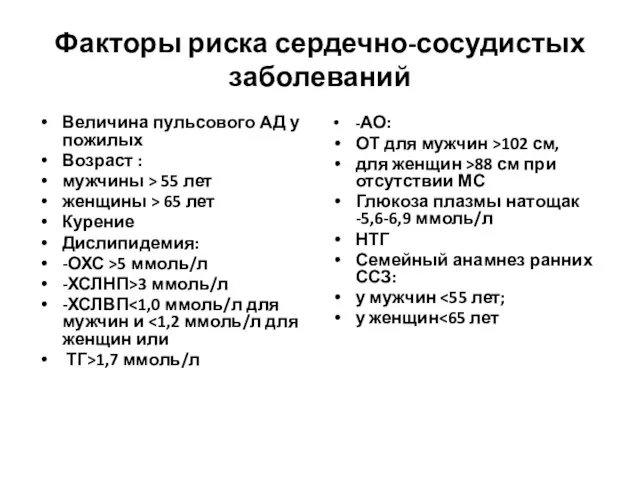 Факторы риска сердечно-сосудистых заболеваний Величина пульсового АД у пожилых Возраст : мужчины