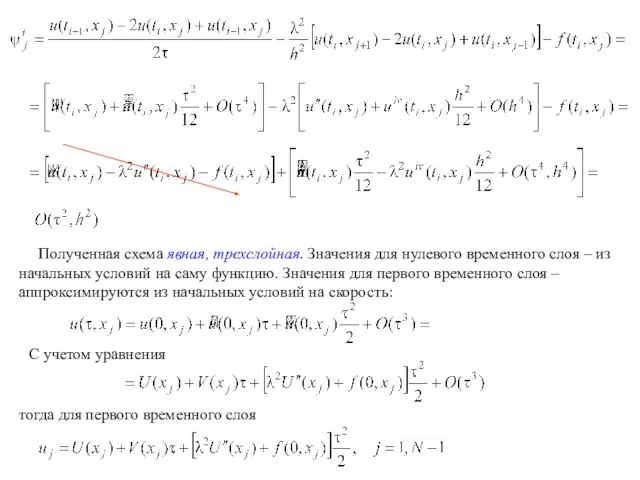 Полученная схема явная, трехслойная. Значения для нулевого временного слоя – из начальных