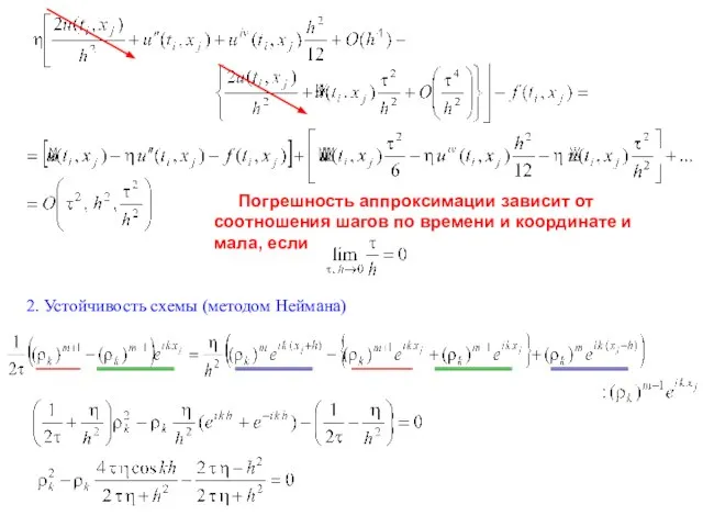 2. Устойчивость схемы (методом Неймана) Погрешность аппроксимации зависит от соотношения шагов по