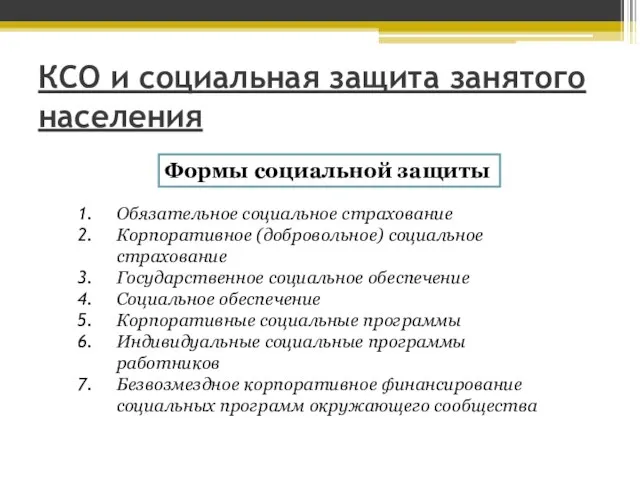 КСО и социальная защита занятого населения Формы социальной защиты Обязательное социальное страхование