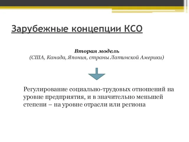 Зарубежные концепции КСО Вторая модель (США, Канада, Япония, страны Латинской Америки) Регулирование