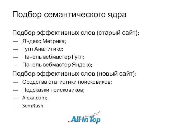 Подбор семантического ядра Подбор эффективных слов (старый сайт): Яндекс Метрика; Гугл Аналитикс;