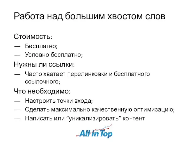 Работа над большим хвостом слов Стоимость: Бесплатно; Условно бесплатно; Нужны ли ссылки: