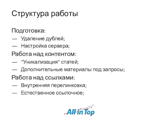 Структура работы Подготовка: Удаление дублей; Настройка сервера; Работа над контентом: “Уникализация” статей;