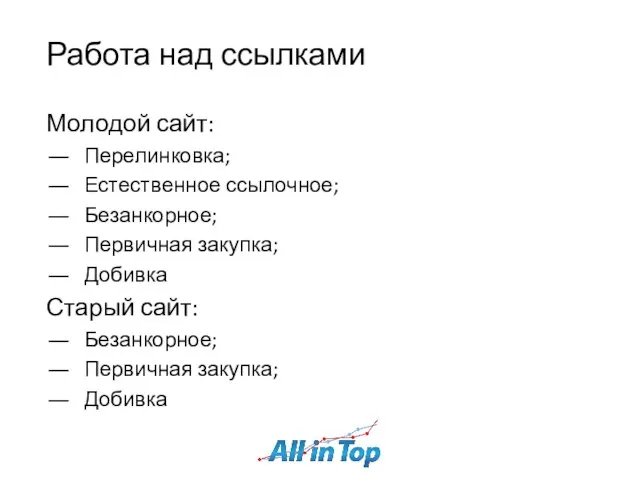 Работа над ссылками Молодой сайт: Перелинковка; Естественное ссылочное; Безанкорное; Первичная закупка; Добивка