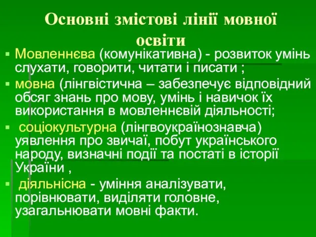 Основні змістові лінії мовної освіти Мовленнєва (комунікативна) - розвиток умінь слухати, говорити,