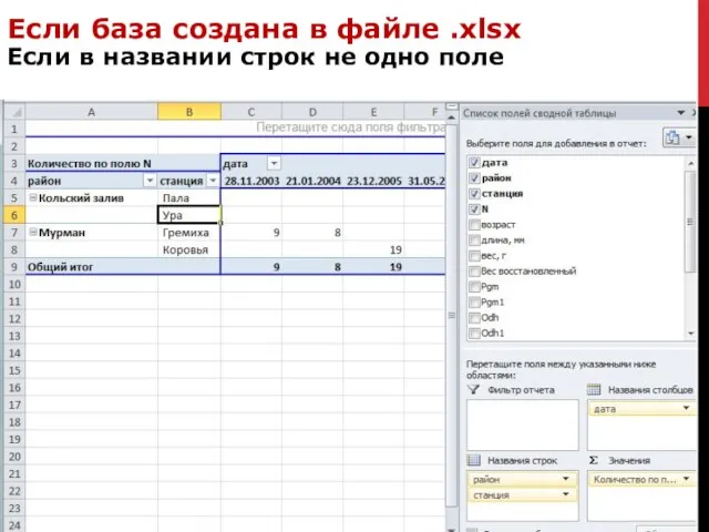 Если база создана в файле .xlsx Если в названии строк не одно поле