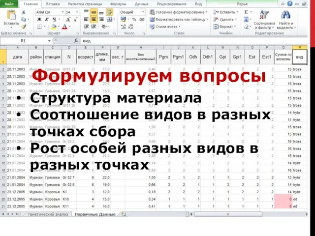 Формулируем вопросы Структура материала Соотношение видов в разных точках сбора Рост особей