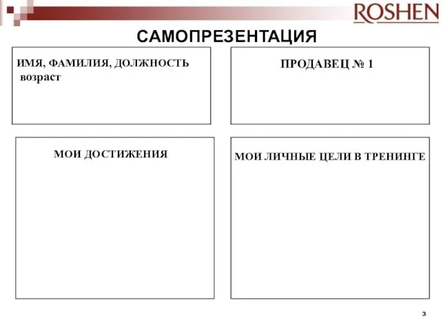 САМОПРЕЗЕНТАЦИЯ ИМЯ, ФАМИЛИЯ, ДОЛЖНОСТЬ возраст ПРОДАВЕЦ № 1 МОИ ДОСТИЖЕНИЯ МОИ ЛИЧНЫЕ ЦЕЛИ В ТРЕНИНГЕ