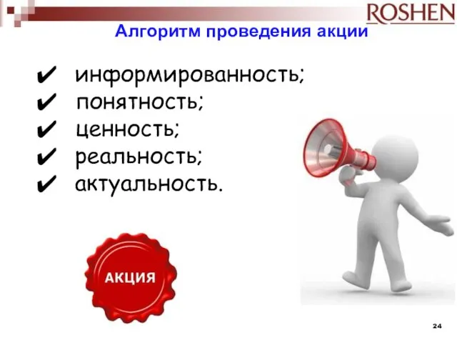 Алгоритм проведения акции информированность; понятность; ценность; реальность; актуальность.