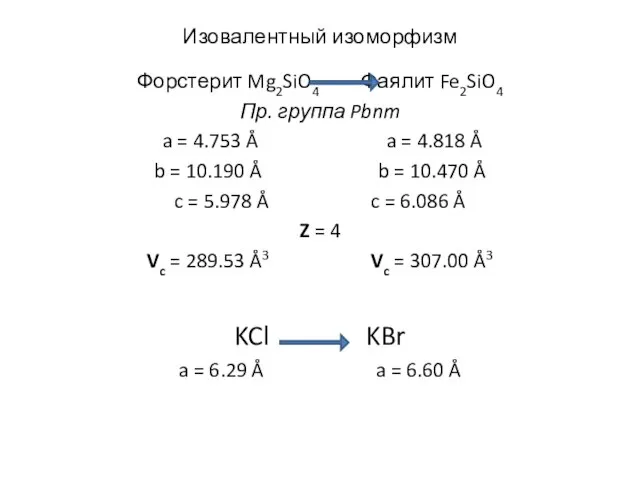 Изовалентный изоморфизм Форстерит Mg2SiO4 Фаялит Fe2SiO4 Пр. группа Pbnm a = 4.753