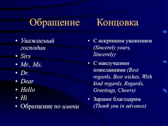 Обращение Концовка Уважаемый господин Sirs Mr., Ms. Dr. Dear Hello Hi Обращение