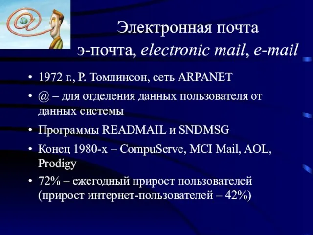 Электронная почта э-почта, electronic mail, e-mail 1972 г., Р. Томлинсон, сеть ARPANET