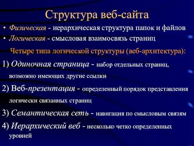 Структура веб-сайта Физическая - иерархическая структура папок и файлов Логическая - смысловая