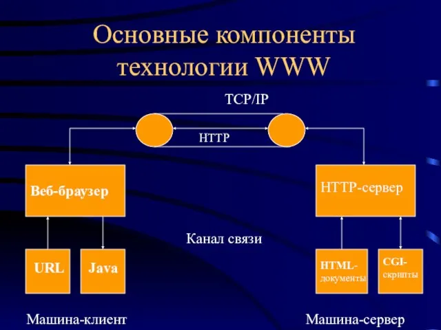 Основные компоненты технологии WWW Веб-браузер URL Java Машина-клиент HTML-документы CGI-скрипты Машина-сервер HTTP-сервер HTTP Канал связи TCP/IP