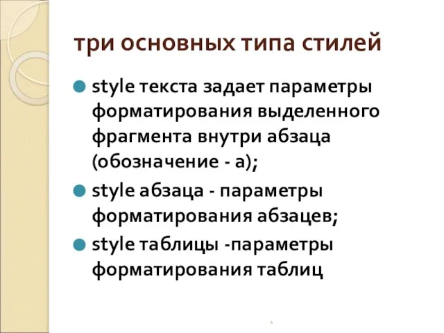 три основных типа стилей style текста задает параметры форматирования выделенного фрагмента внутри