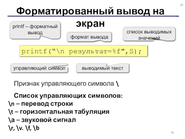 Форматированный вывод на экран Признак управляющего символа \ Список управляющих символов: \n