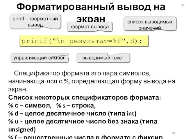 Форматированный вывод на экран Спецификатор формата это пара символов, начинающа-яся с %,