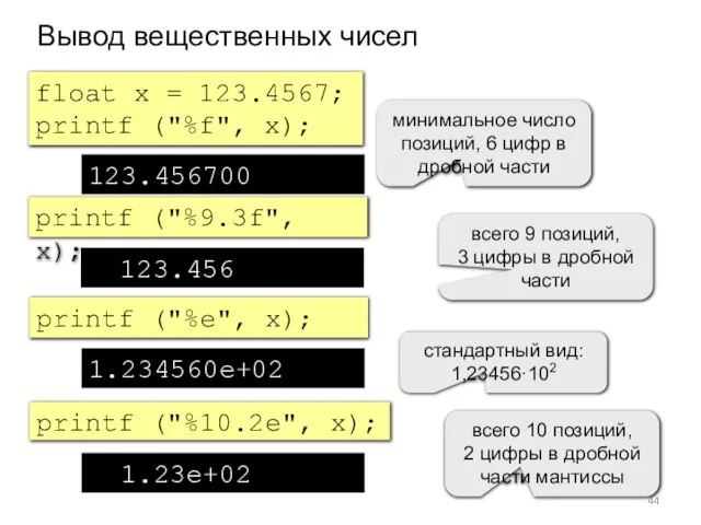 Вывод вещественных чисел float x = 123.4567; printf ("%f", x); 123.456700 printf