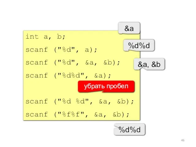 int a, b; scanf ("%d", a); scanf ("%d", &a, &b); scanf ("%d%d",