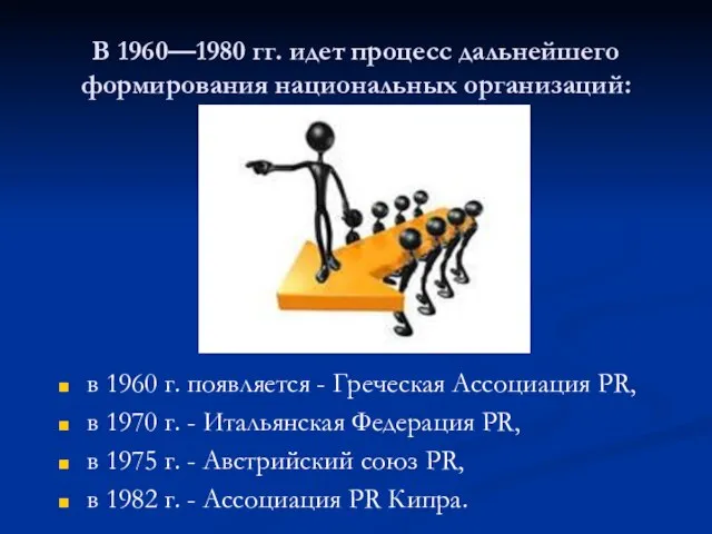 В 1960—1980 гг. идет процесс дальнейшего формирования национальных организаций: в 1960 г.