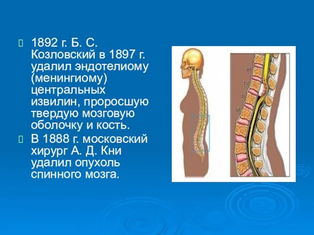 1892 г. Б. С. Козловский в 1897 г. удалил эндотелиому (менингиому) центральных