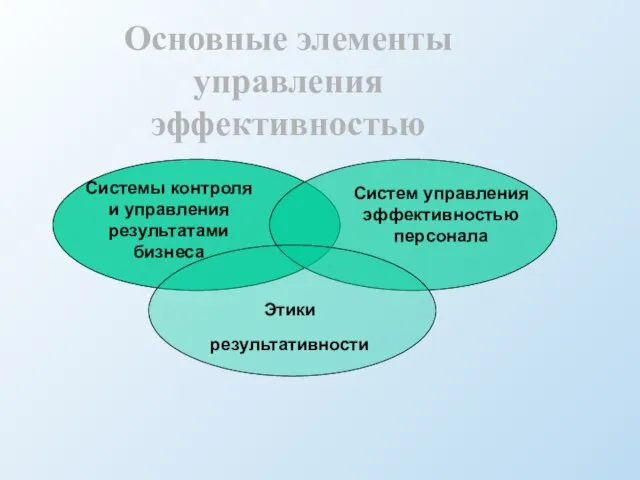 Основные элементы управления эффективностью Этики результативности Системы контроля и управления результатами бизнеса Систем управления эффективностью персонала