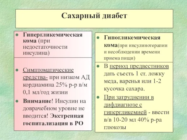 Сахарный диабет Гипергликемическая кома (при недостаточности инсулина) Симптоматические средства- при низком АД