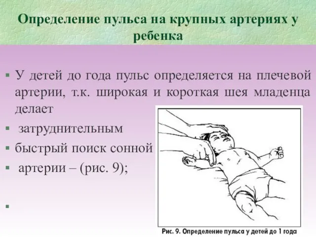 Определение пульса на крупных артериях у ребенка У детей до года пульс