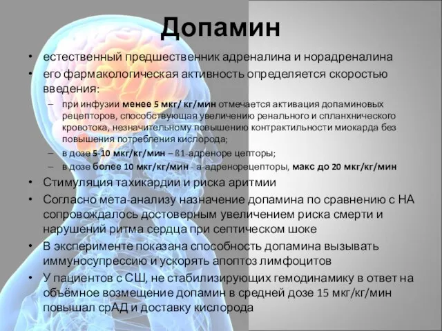 Допамин естественный предшественник адреналина и норадреналина его фармакологическая активность определяется скоростью введения: