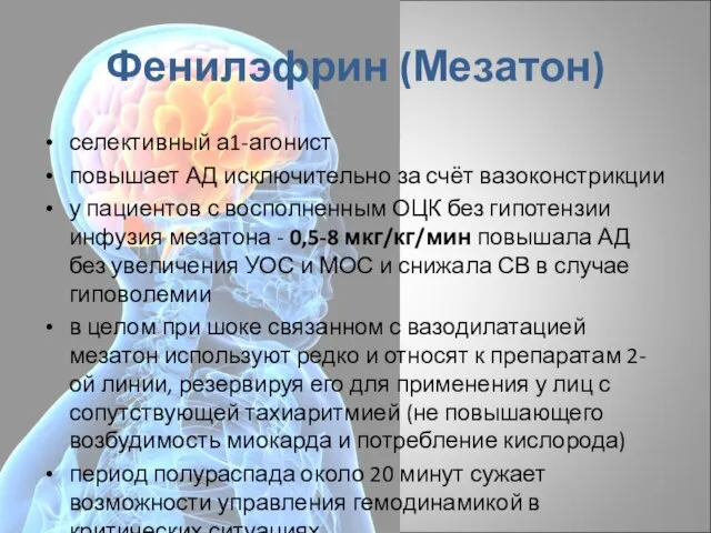 Фенилэфрин (Мезатон) селективный а1-агонист повышает АД исключительно за счёт вазоконстрикции у пациентов