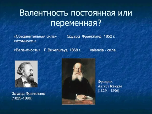 Валентность постоянная или переменная? «Соединительная сила» Эдуард Франкланд, 1852 г. «Атомность» «Валентность»