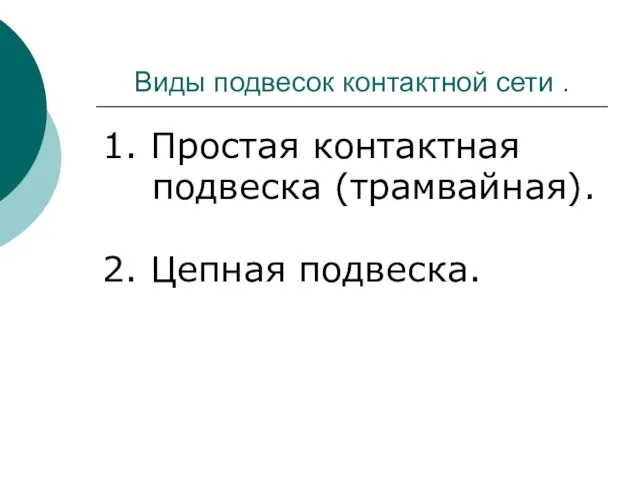 Виды подвесок контактной сети . 1. Простая контактная подвеска (трамвайная). 2. Цепная подвеска.