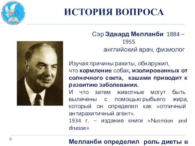 ИСТОРИЯ ВОПРОСА Сэр Эдвард Мелланби 1884 – 1955 английский врач, физиолог Изучая